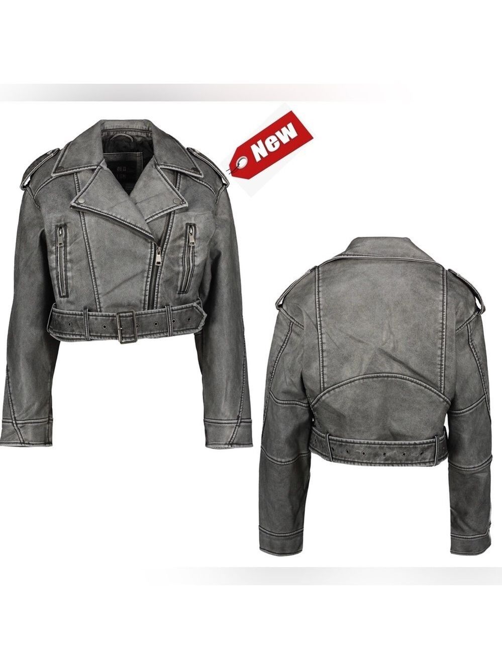 QED LONDON Gray Washed Faux Leather PU Zip Up Belted Cropped Moto Biker Jacket 8
